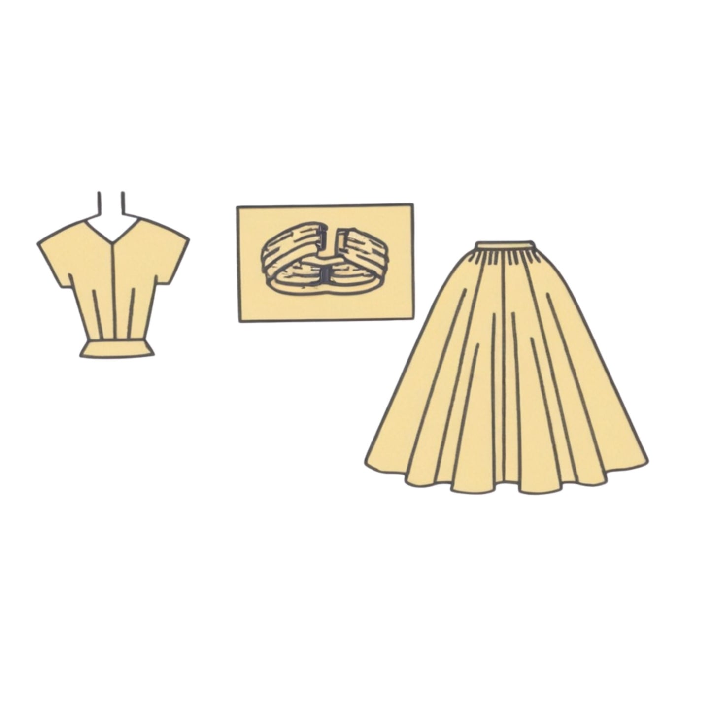Illustrations of a yellow dress, skirt, and ring on a white background