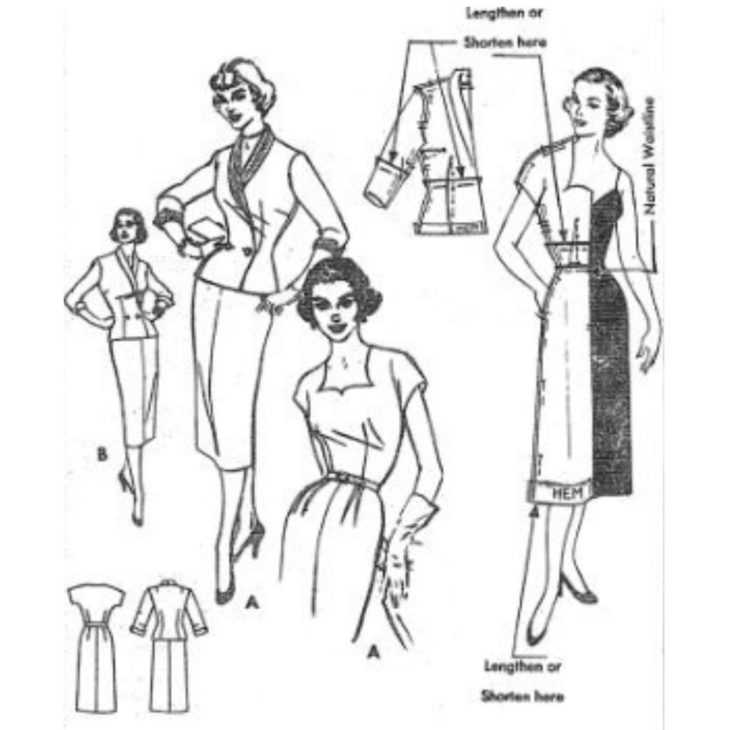 Lined drawing of women wearing a two piece suit