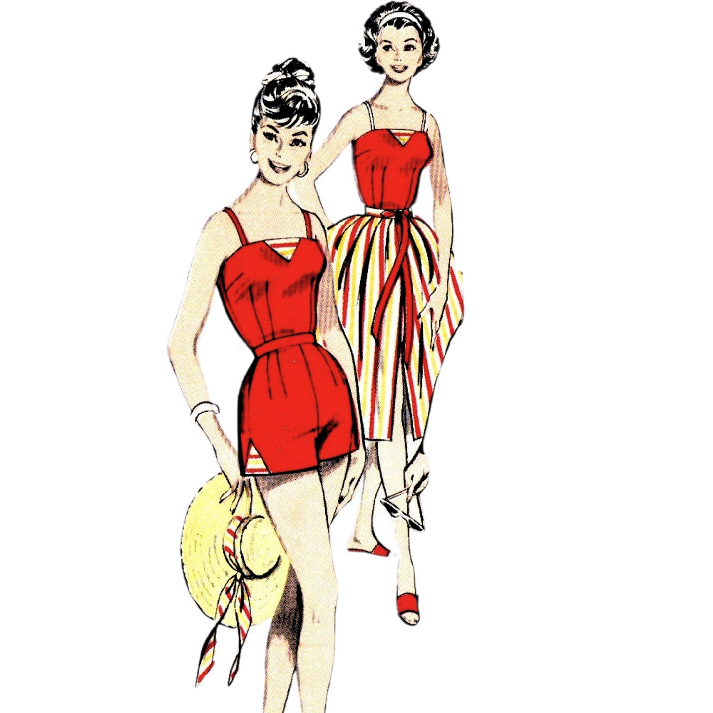 Model wearing playsuit and skirt made from Butterick 580 pattern