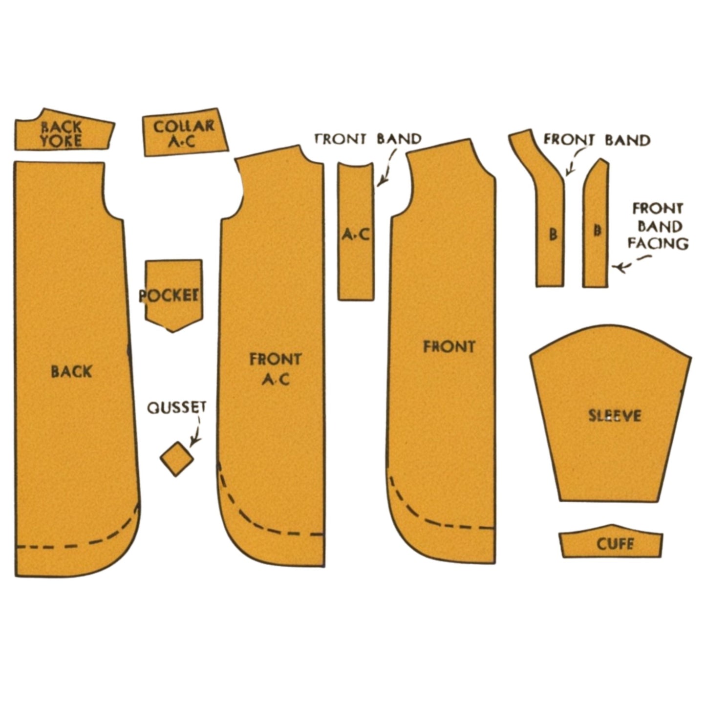 Night shirt for a man pattern pieces with labeled parts on a white background