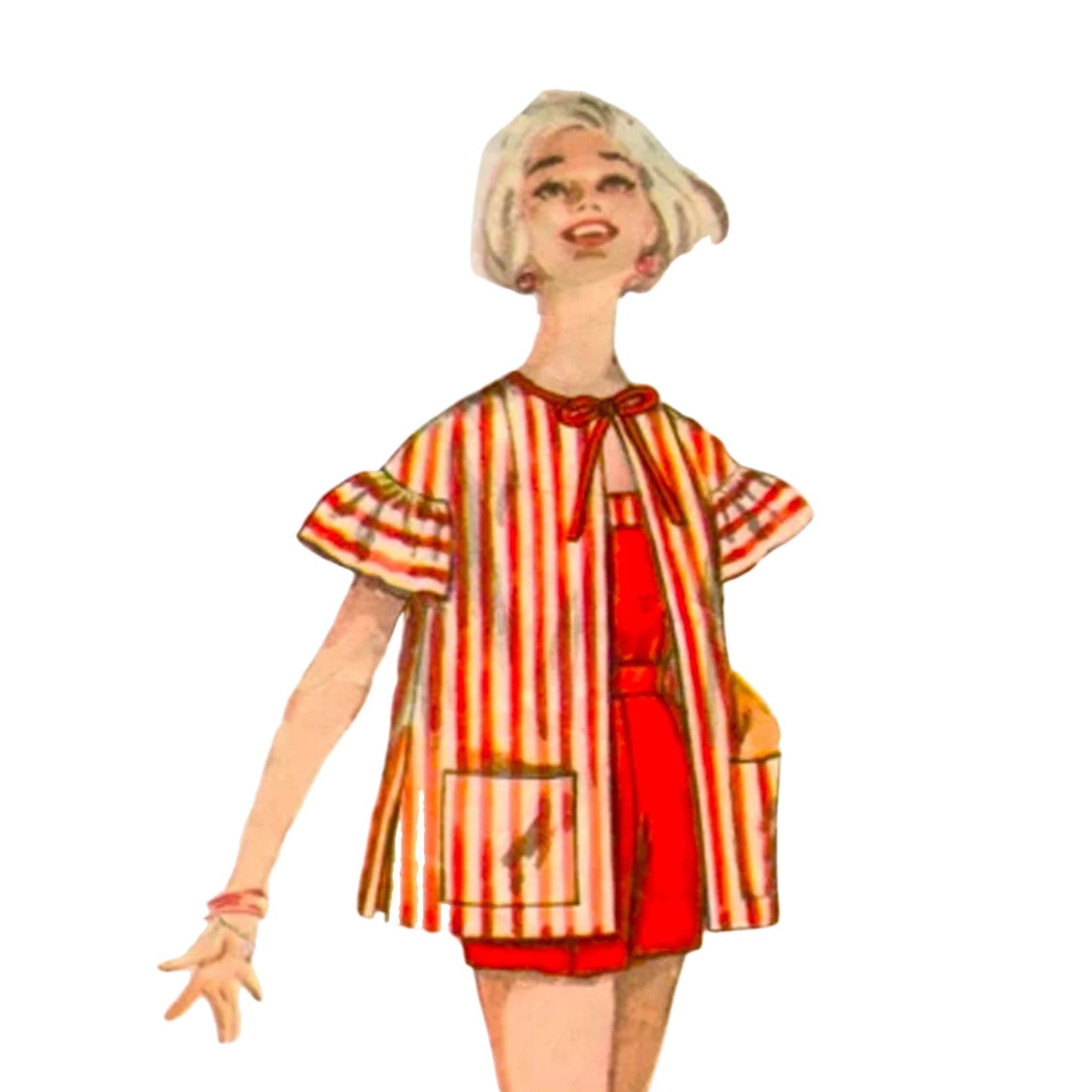 Model wearing top, shorts and coat made from Simplicity 3427 pattern