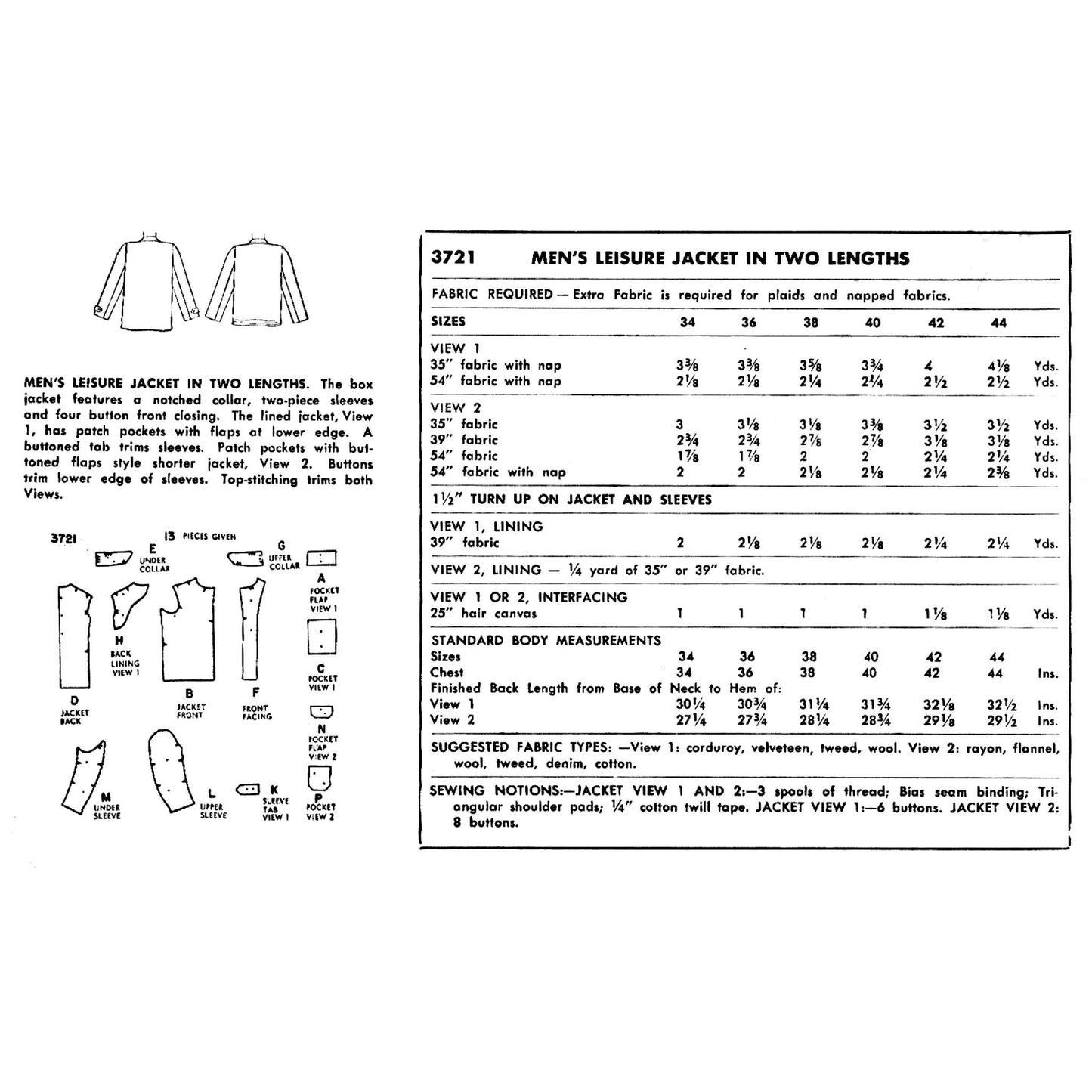 Vintage sewing pattern for men's leisure jacket with fabric requirements and measurements.