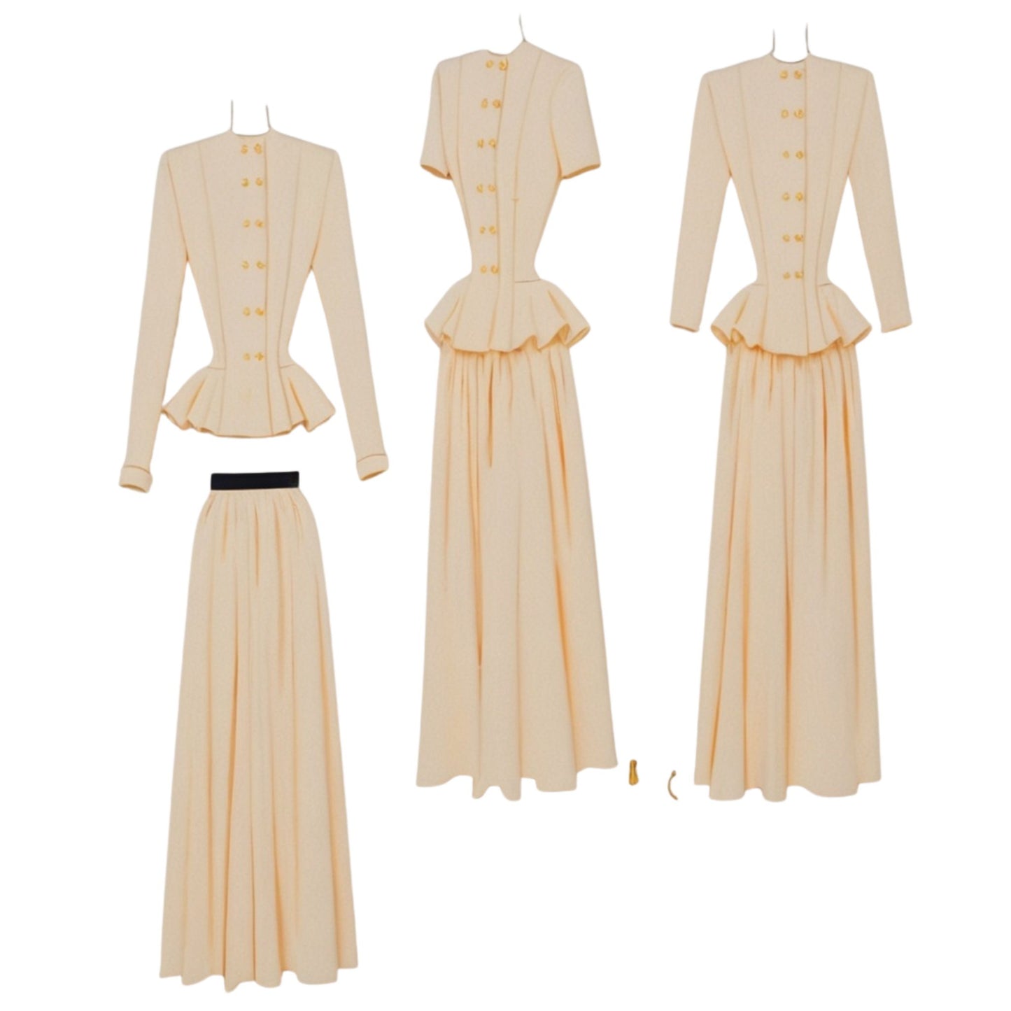 Set of vintage-style beige dresses with peplum details on a white background