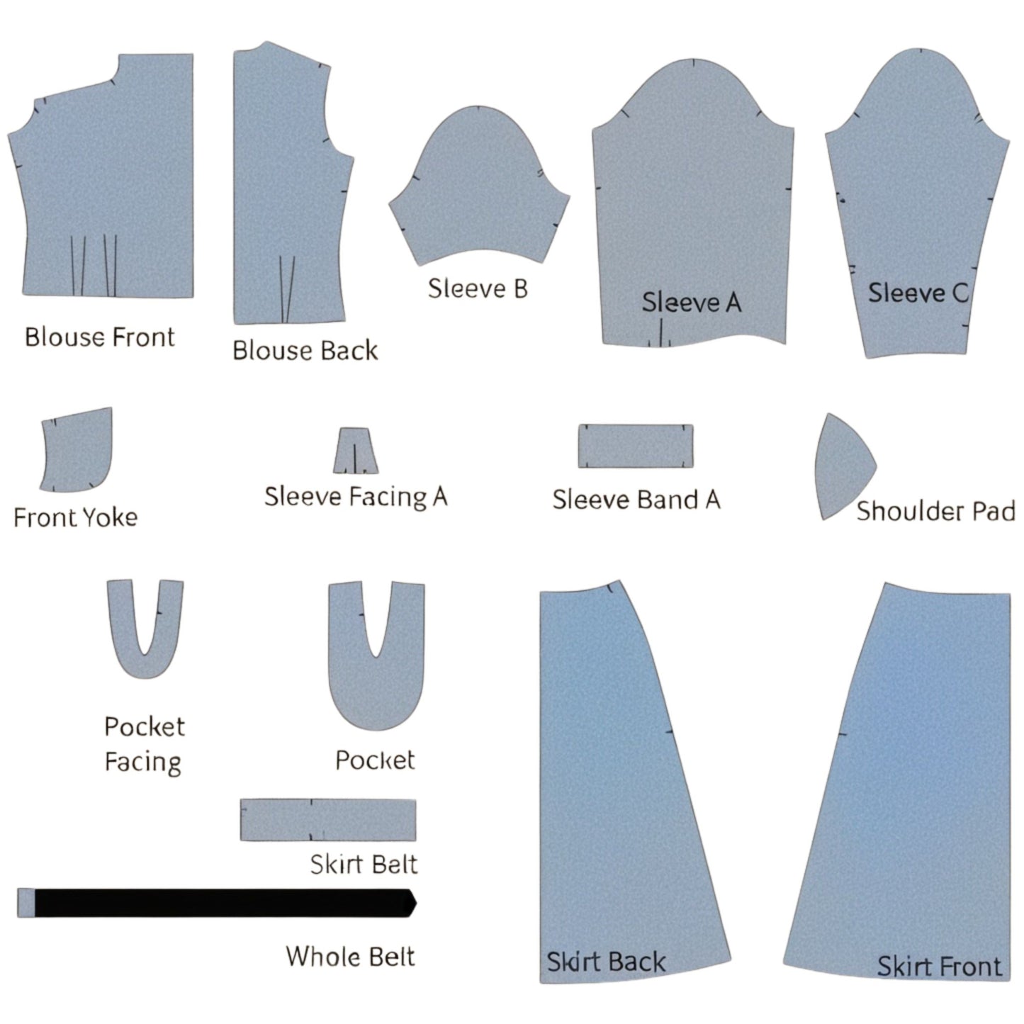 Set of garment pattern pieces labeled on a white background