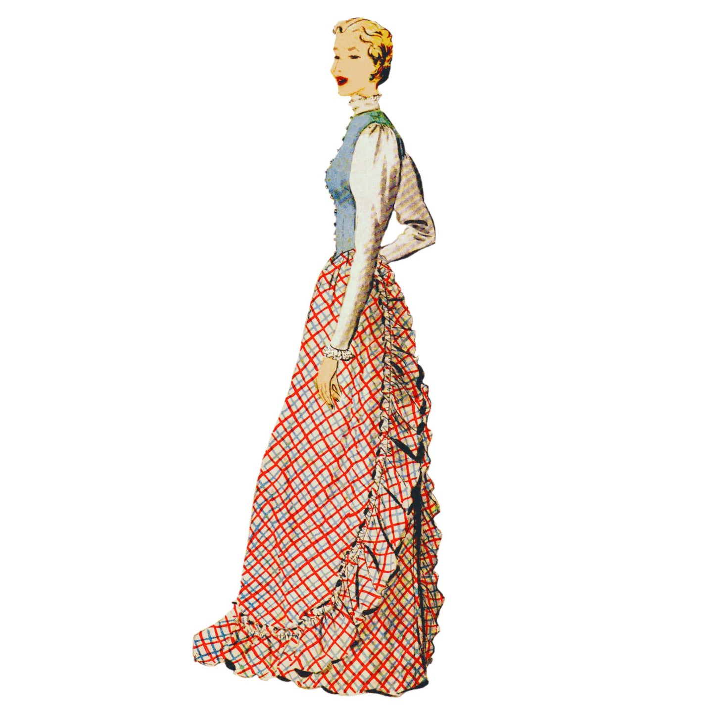 Vintage sewing pattern featuring two women's dresses. The dresses have long skirts with ruffled details and fitted bodices. One dress is in a red and white geometric print, the other in a red floral print. Both have puffed sleeves and high necklines. The pattern includes instructions and is numbered '1'.