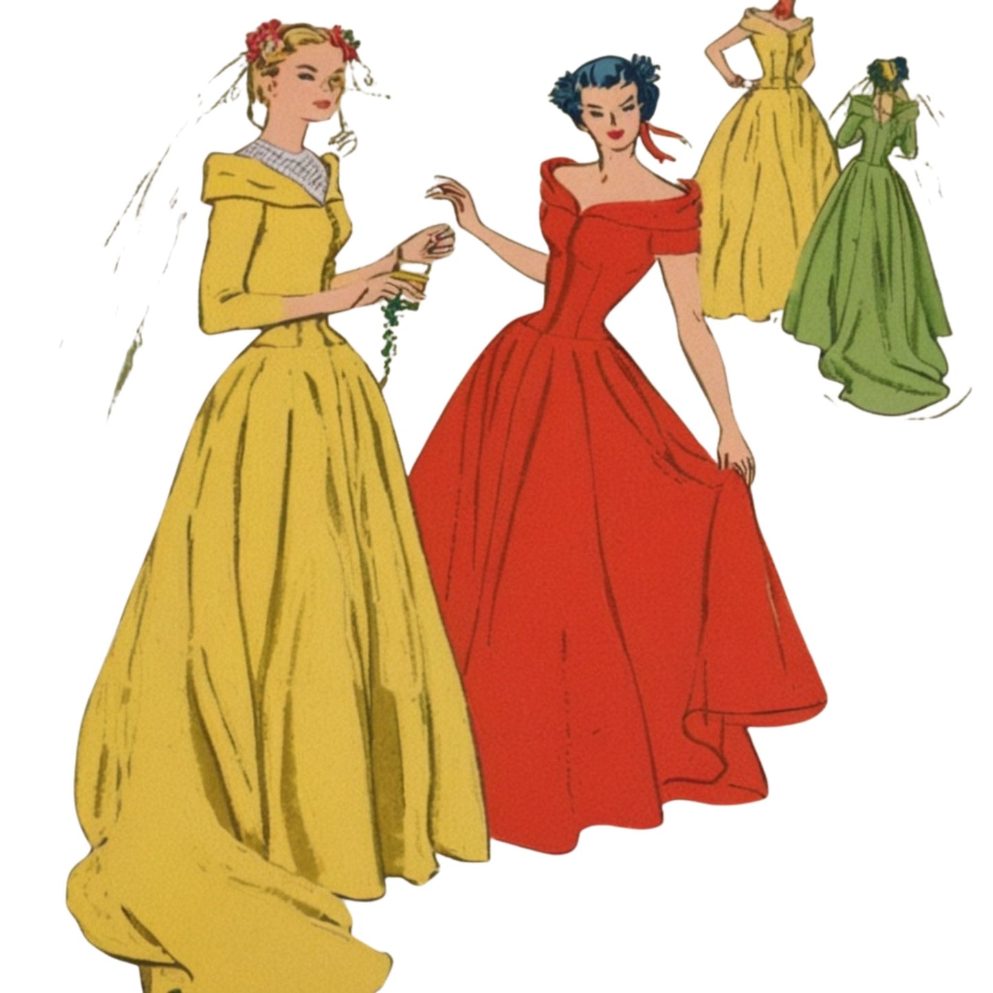 Illustration of women in vintage dresses on a white background