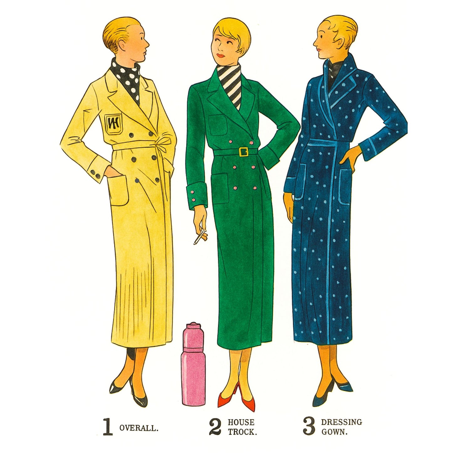 Women wearing overall, house frock and dressing gown.