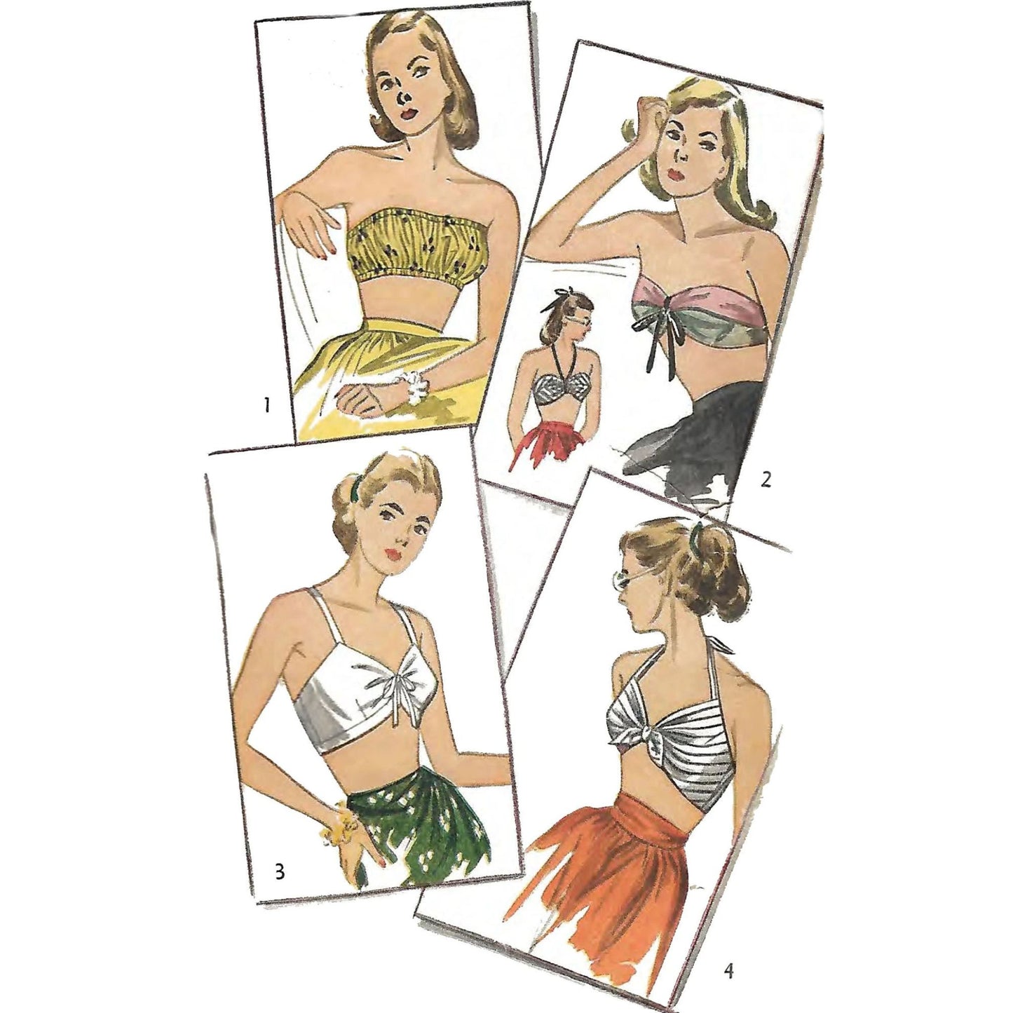 Women wearing bra tops in 4 different styles strapless and with straps.