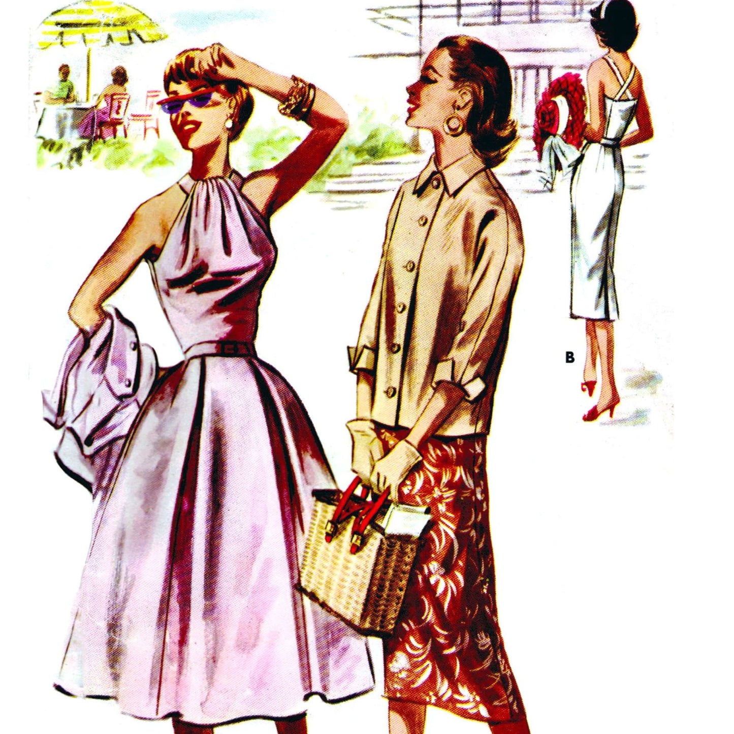 Illustration of two women wearing 1950s fashion, one in a halter dress with a slim skirt and the other in a similar dress with a full skirt, accompanied by a jacket.