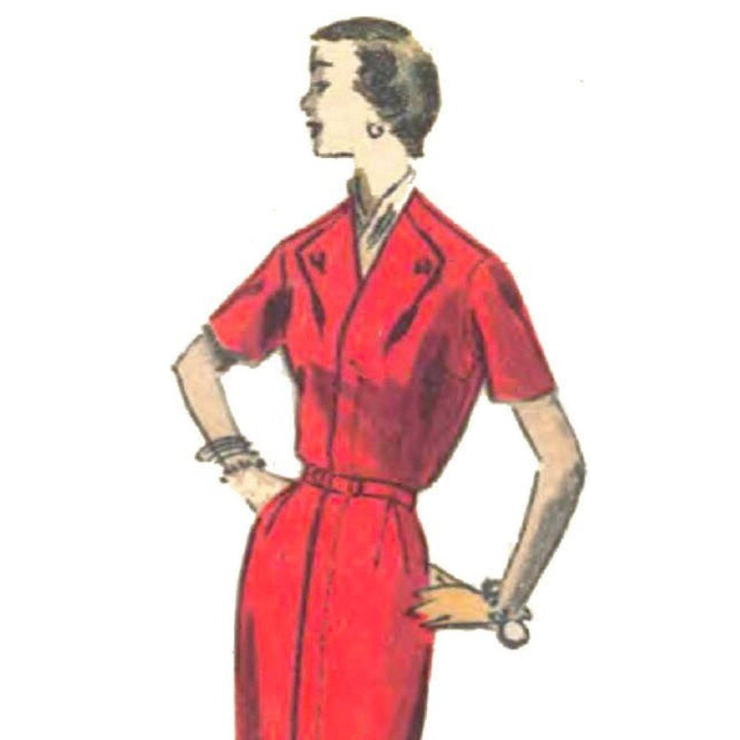 Model wearing a slim fitting 1950s dress made from Vogue 4444 sewing pattern
