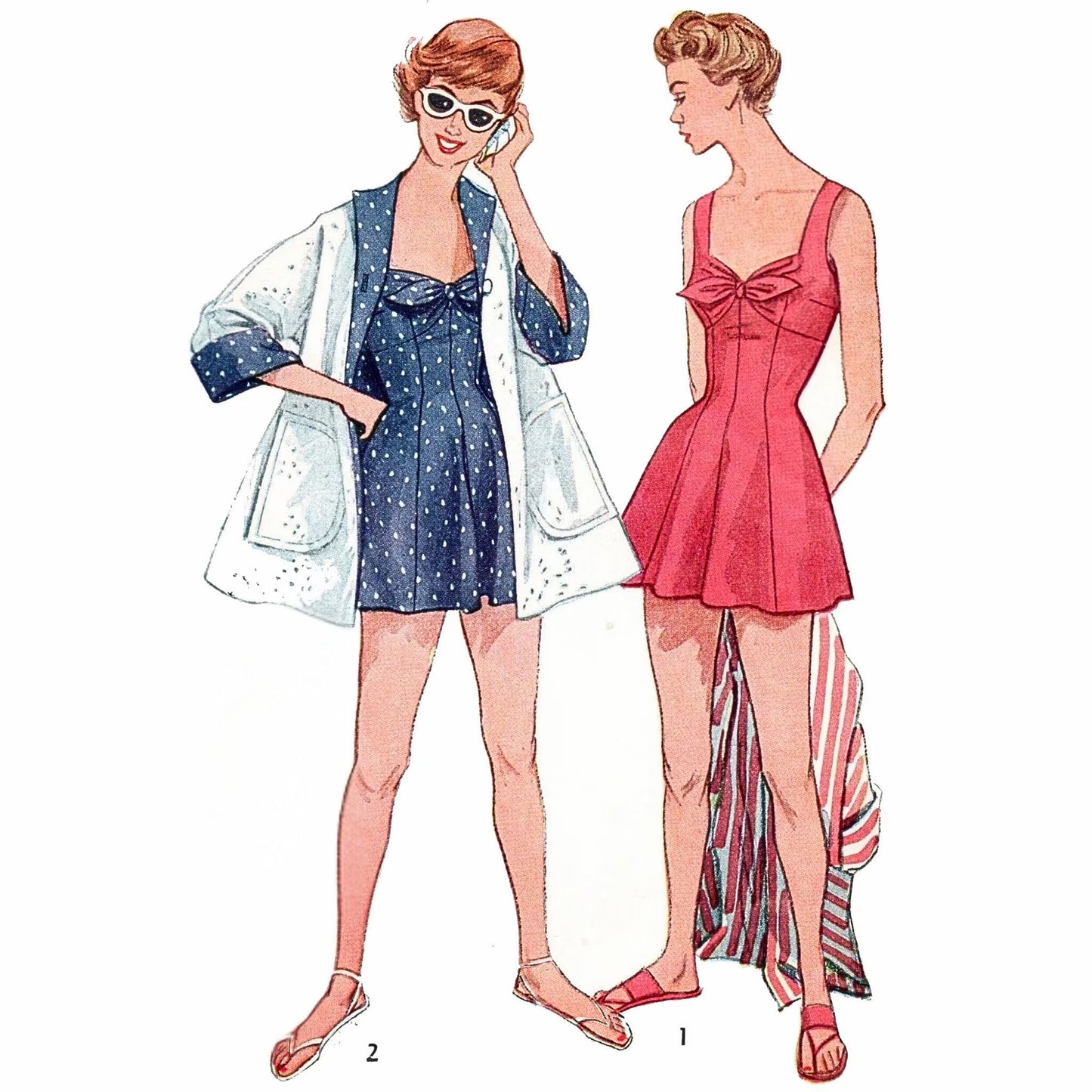 Model wearing one-piece bathing suit and beach coat made from Simplicity 4307 pattern