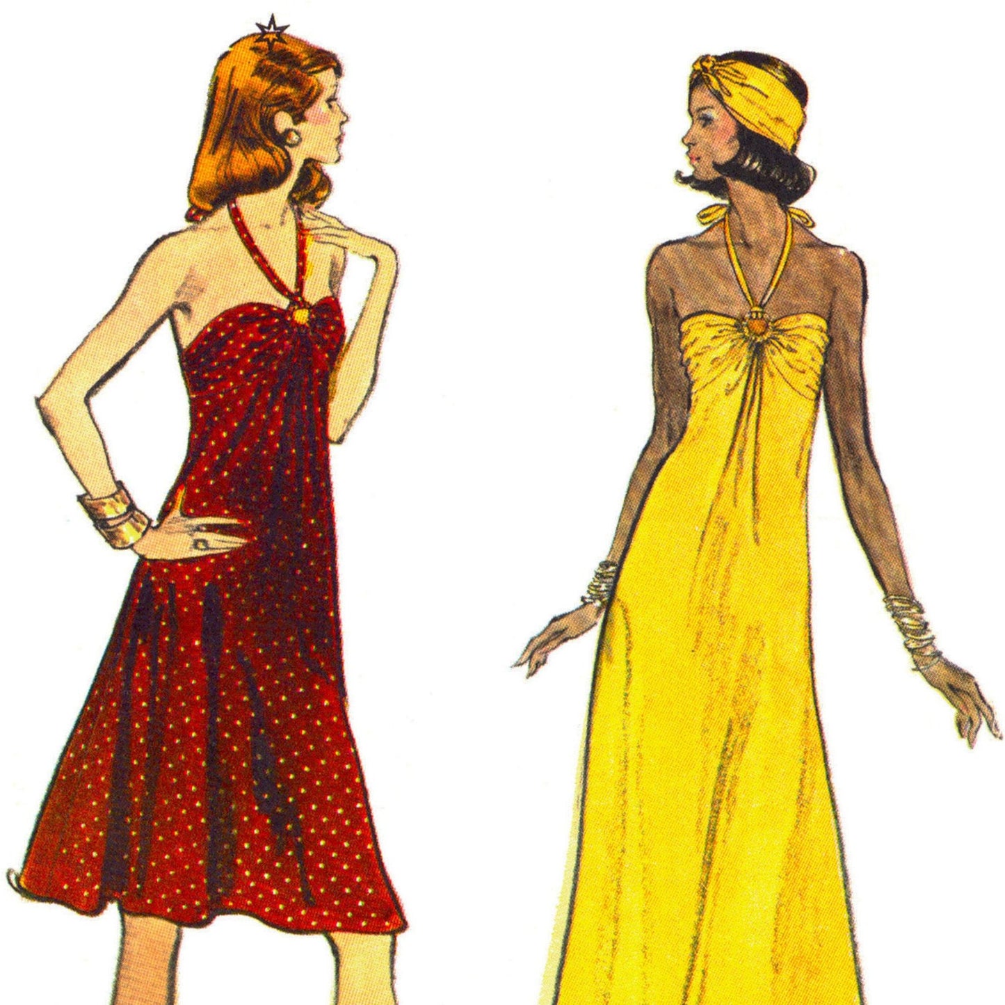 2 Models wearing above knee length and full length halter neck dress made using Vogue 8724 sewing pattern.
