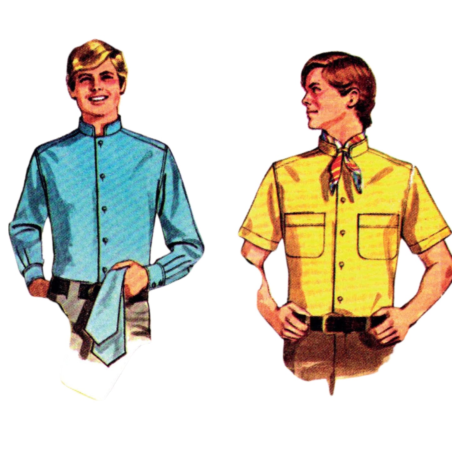 Model wearing set of shirts, scarf and ascot made from Simplicity 8209 pattern