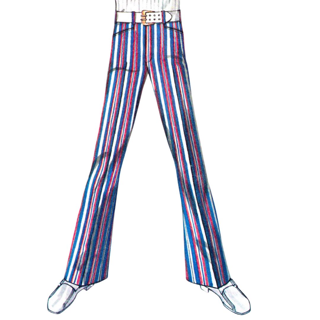 Model wearing pants and jean-cut bell-bottom pants made from Simplicity 9736 pattern