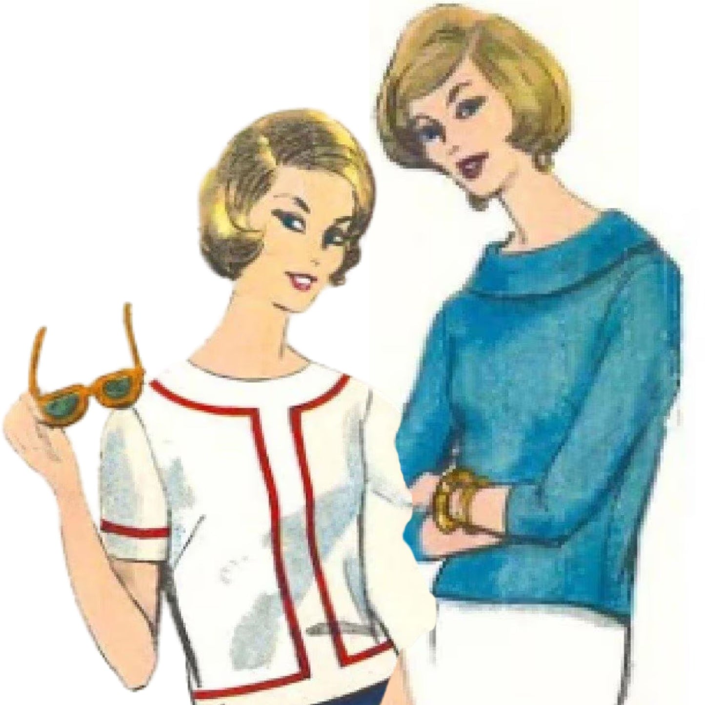 Two women wearing colourful blouses with various necklines