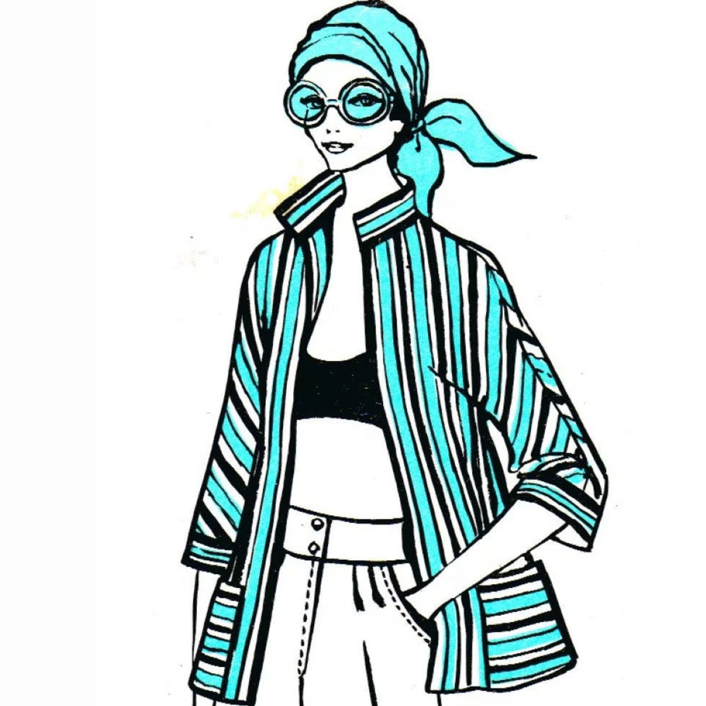 Model wearing jacket and trousers made from Polynesian Pattern 1080 pattern