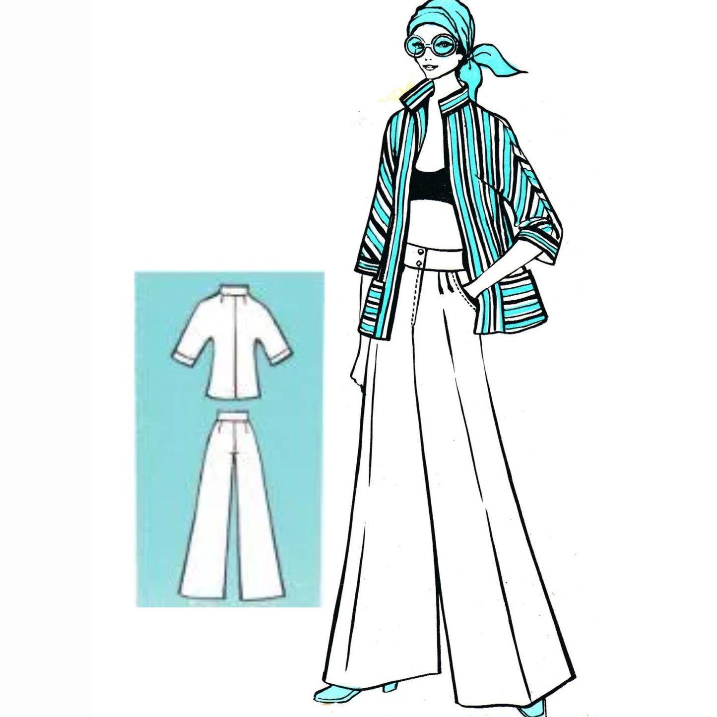 Model wearing jacket and trousers made from Polynesian Pattern 1080 pattern