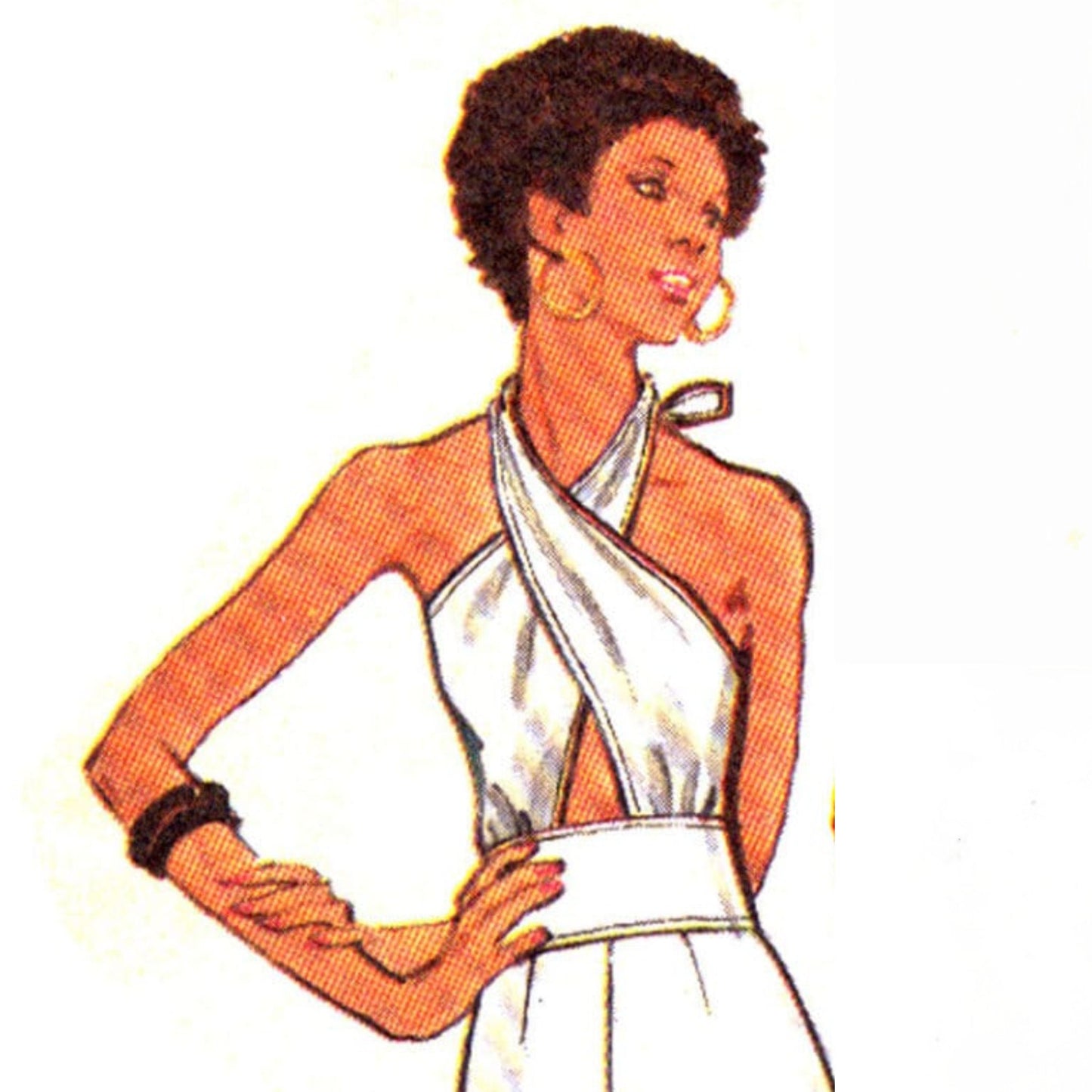 Model wearing evening jumpsuit & stole made from Butterick 3154 pattern