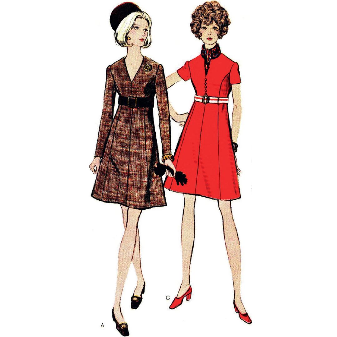 Two women wearing vintage dresses on a white background