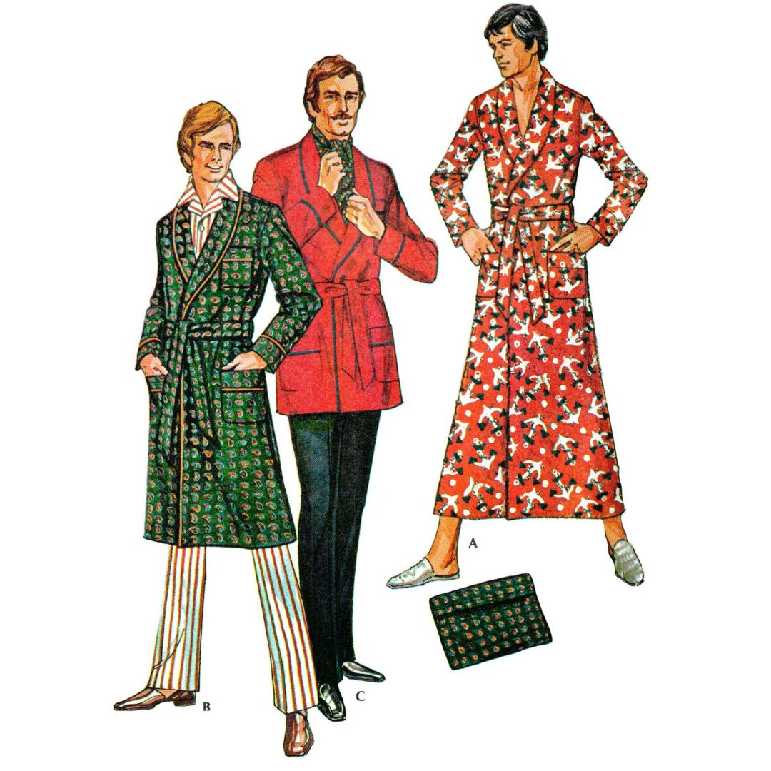 Model wearing men’s robe and case made from McCall’s 3036 pattern
