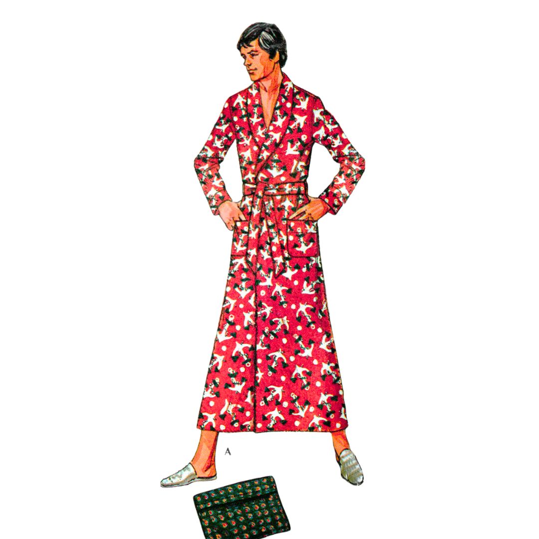 Vintage-style illustration of a person wearing a long red dress with white patterns, standing against a white background.