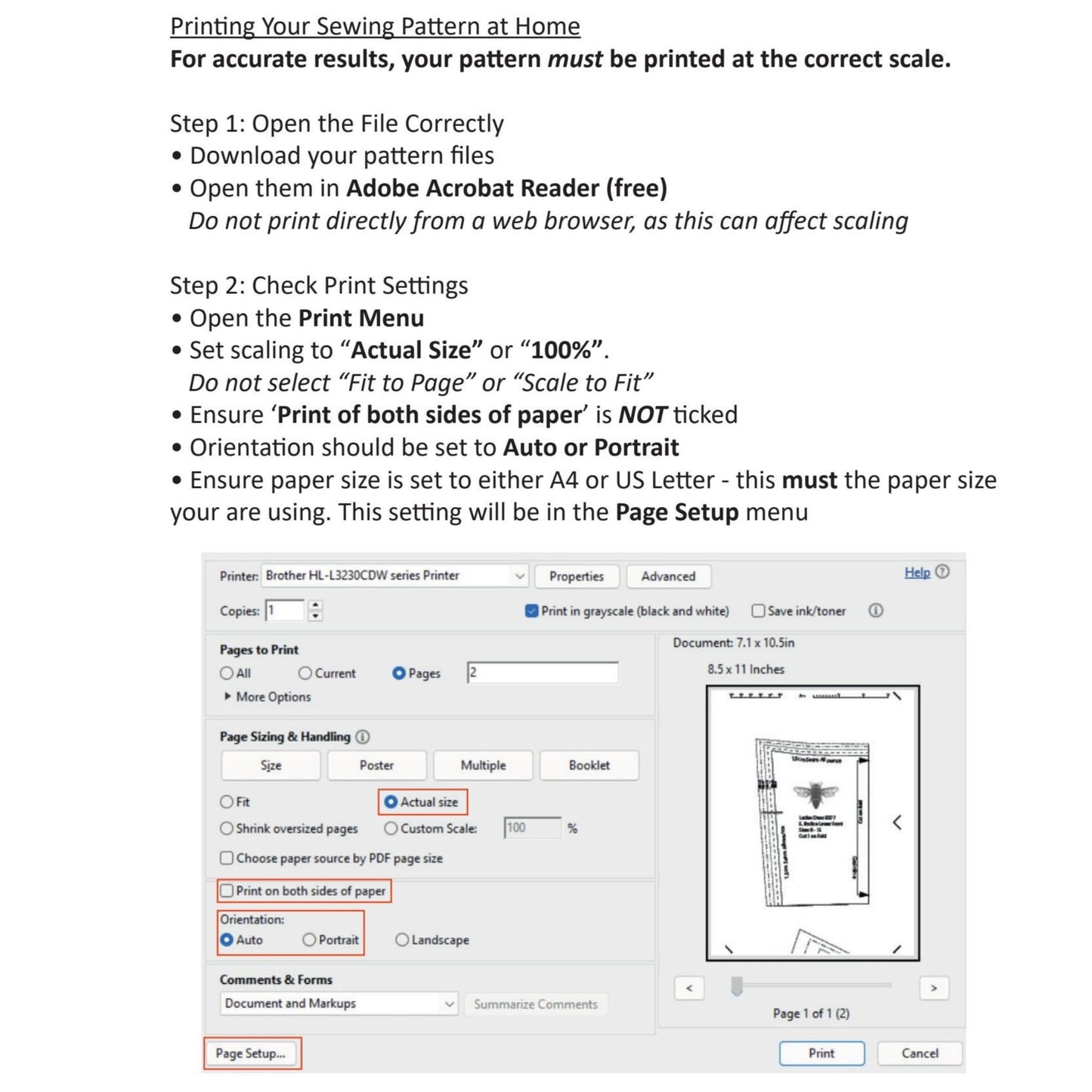 Instruction graphic for printing a sewing pattern at home, showing text instructions and a screenshot of the print dialog box with settings highlighted.