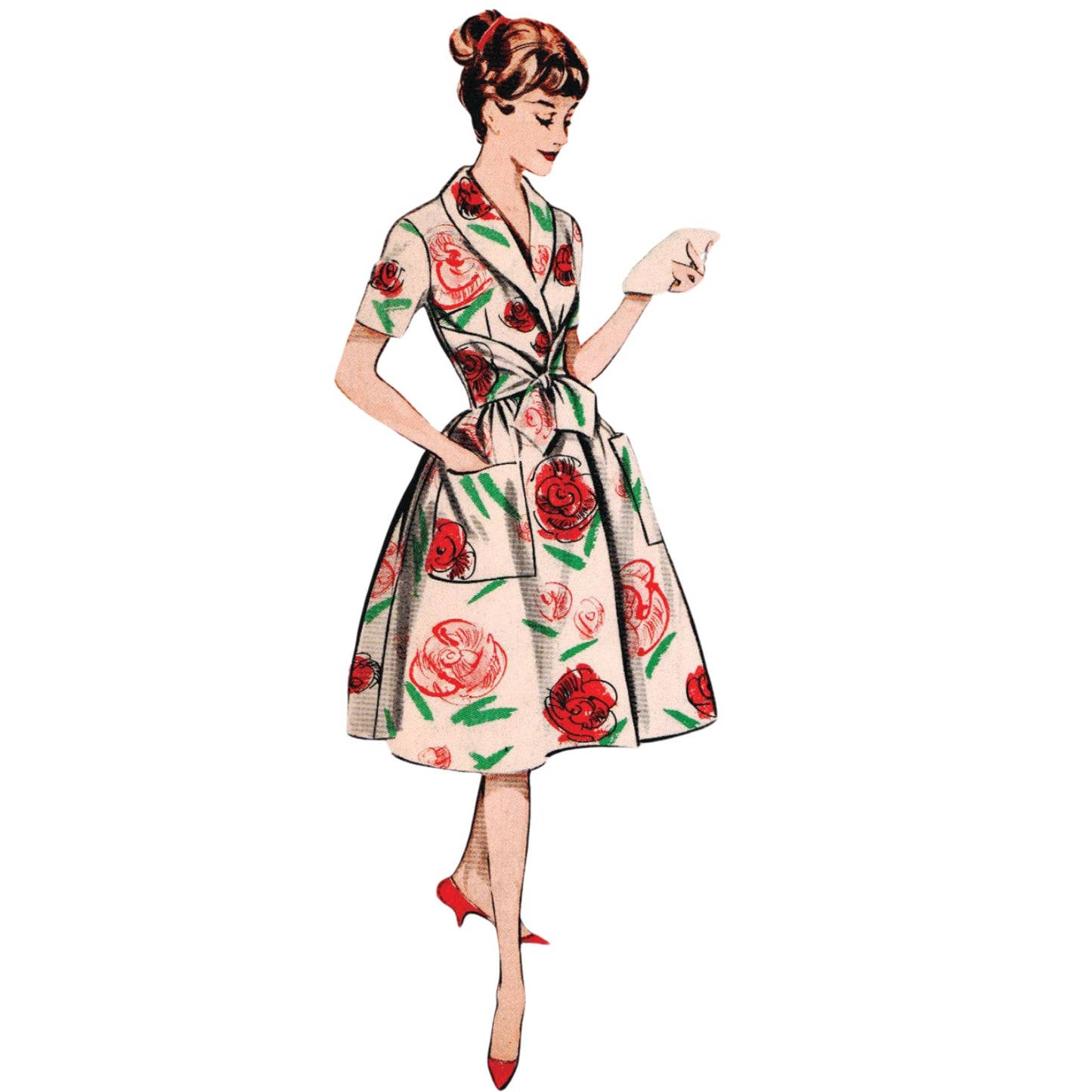 Model wearing housecoat made from Butterick 9214 pattern