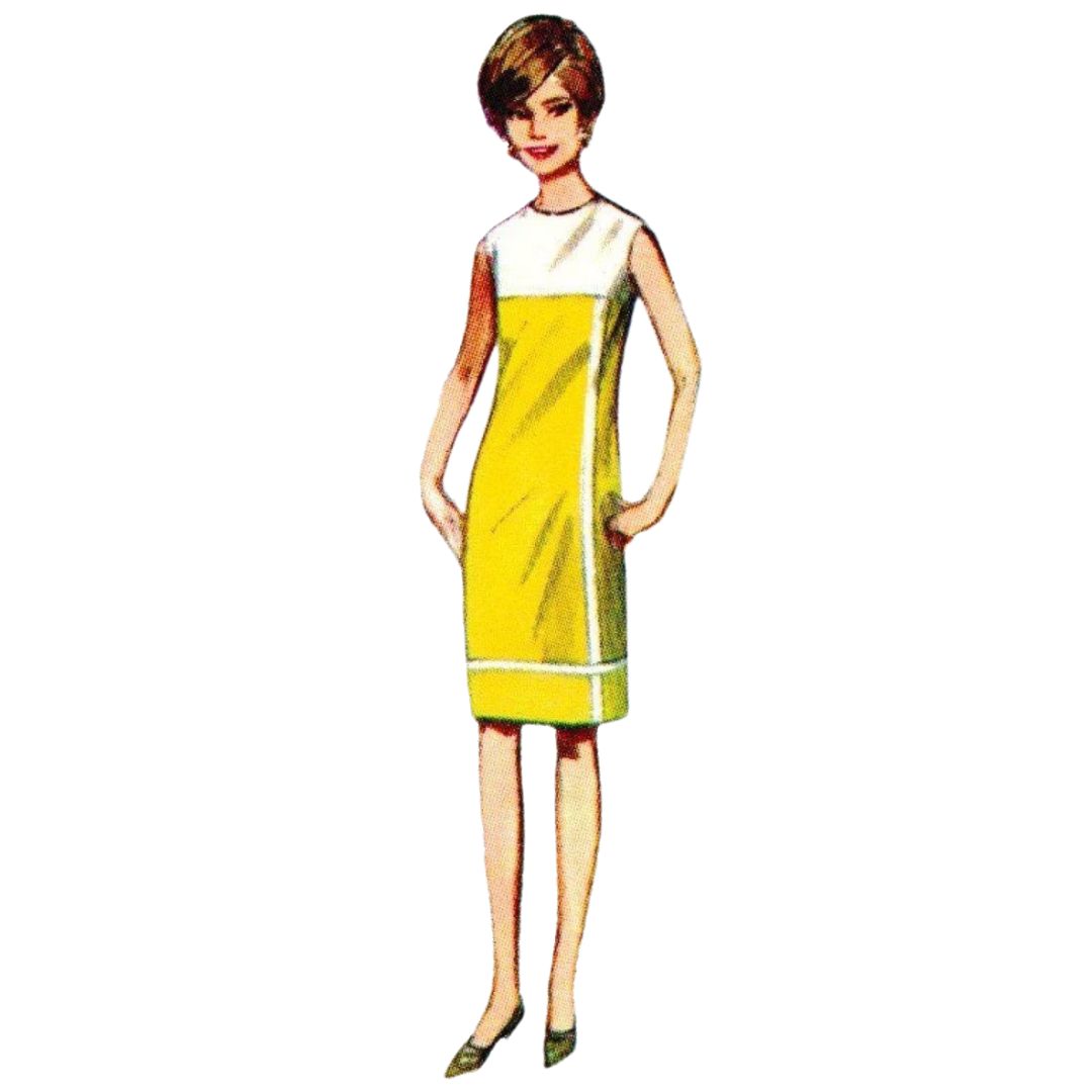 Illustration of a woman wearing a yellow and white dress on a white background