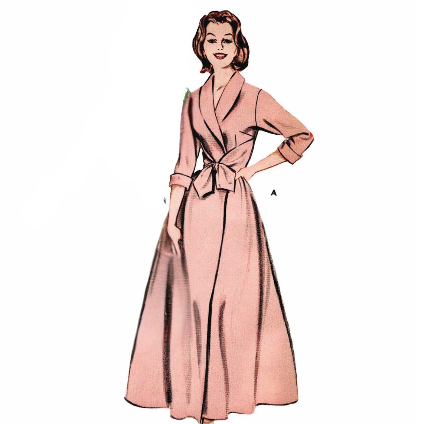 Model wearing housecoat made from Butterick 9214 pattern
