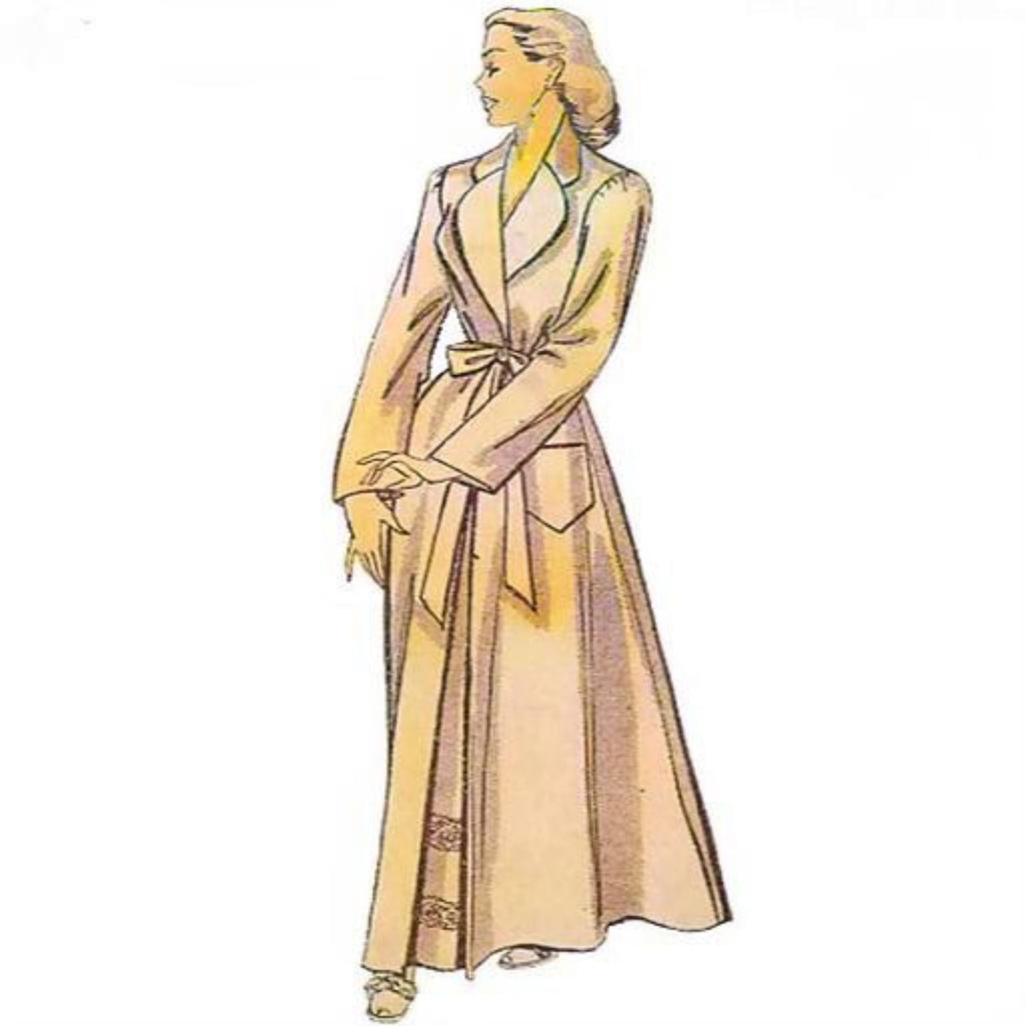 Lady wearing housecoat with curved and angular lapels, patch pocket and tie belt