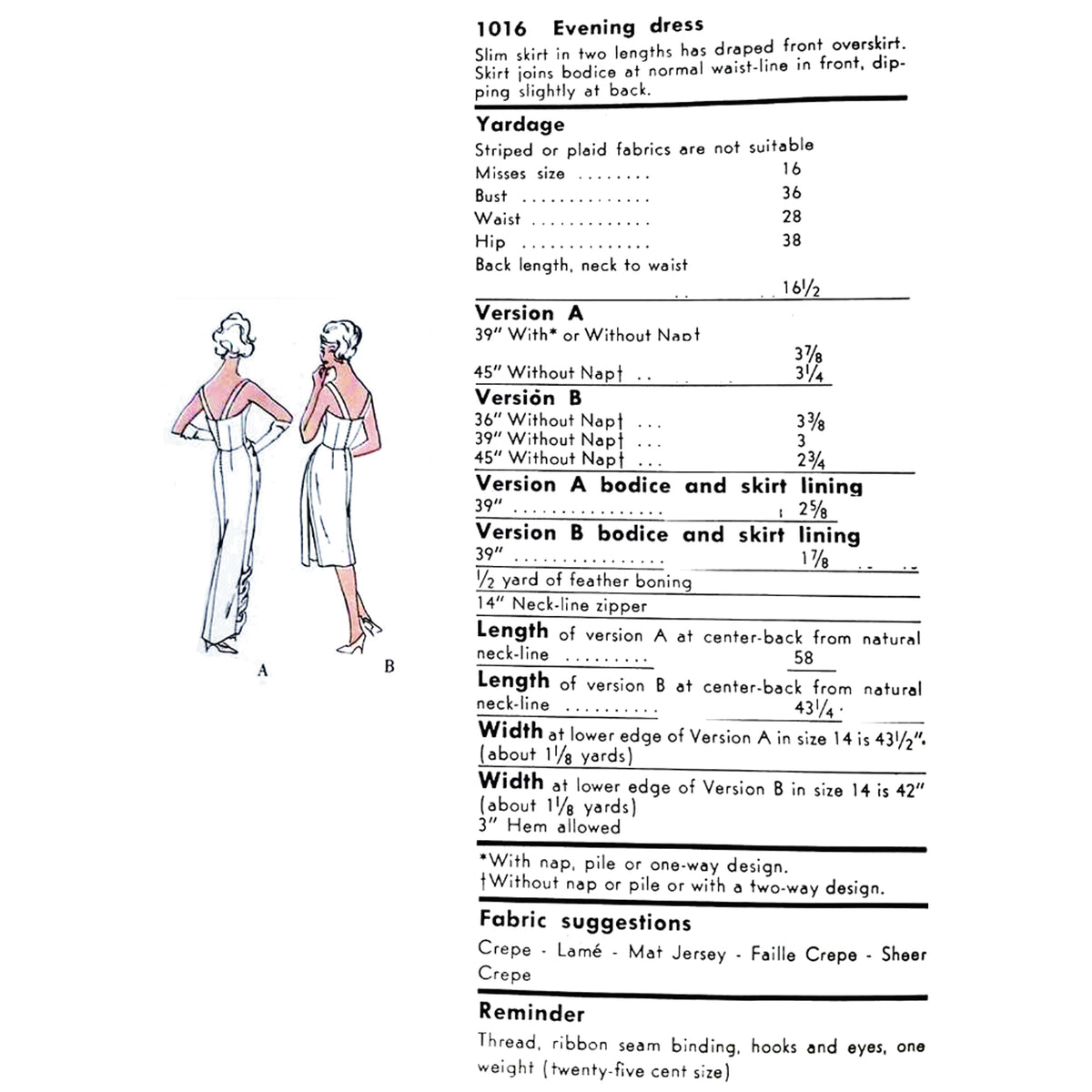 A sewing pattern measurement sheet for a 1016 evening dress, showing measurements. It also compares Version A and Version B.