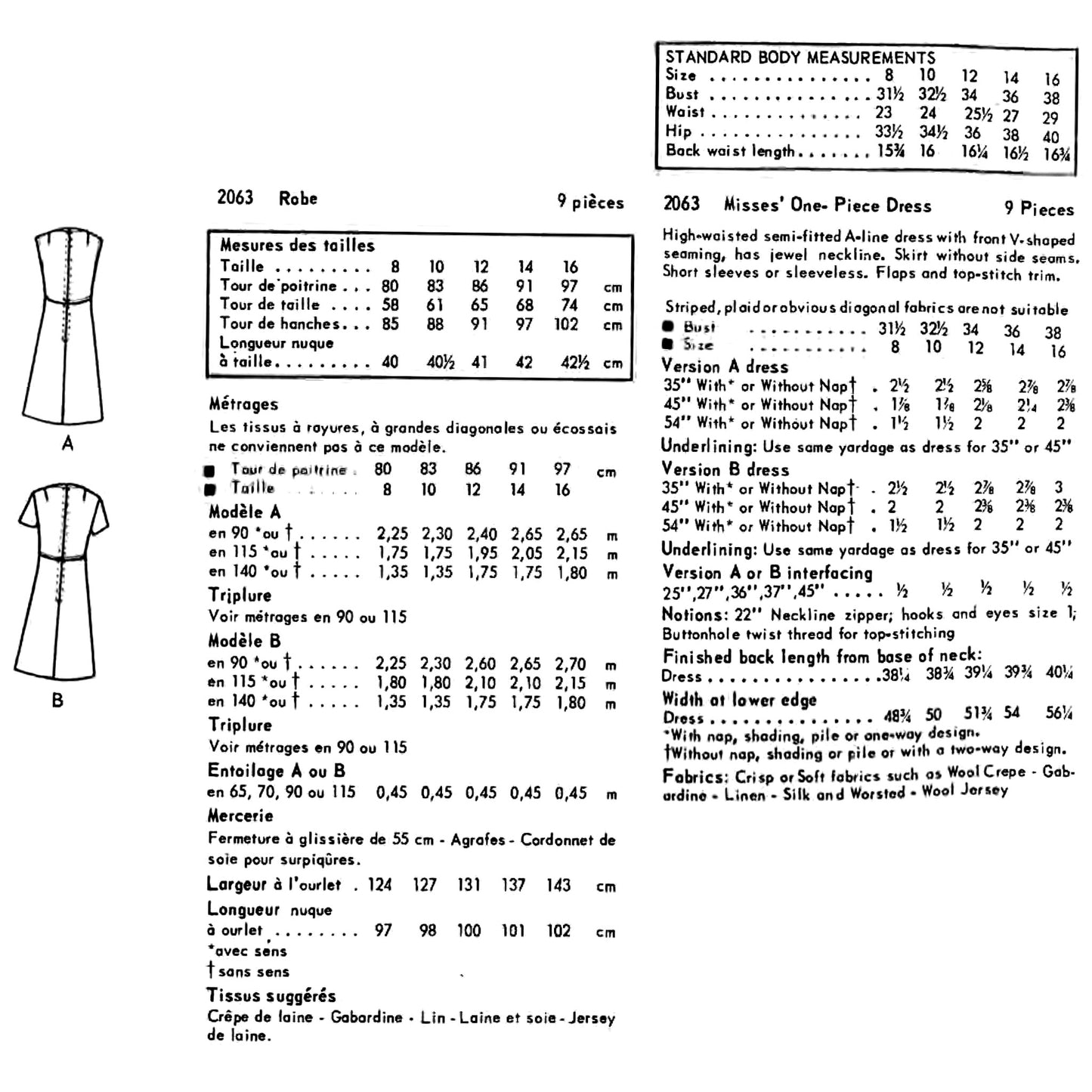A vintage sewing pattern cover page for '2063 Robe', featuring body measurement tables, pattern piece diagrams labelled A and B, and fabric lists in both English and French.