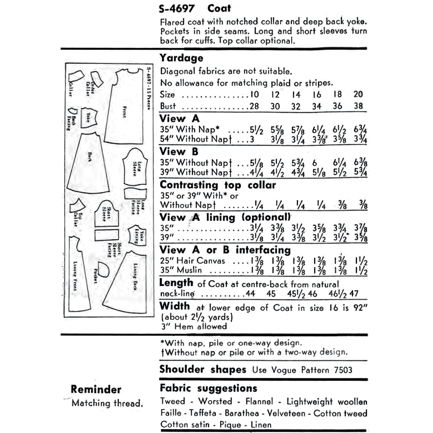 A sewing pattern yardage and measurement chart for a S-4697 Coat, showing front/back pattern pieces and a measurement guide.