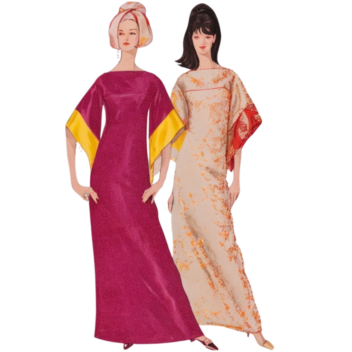 Two women wearing colorful dresses on a white background