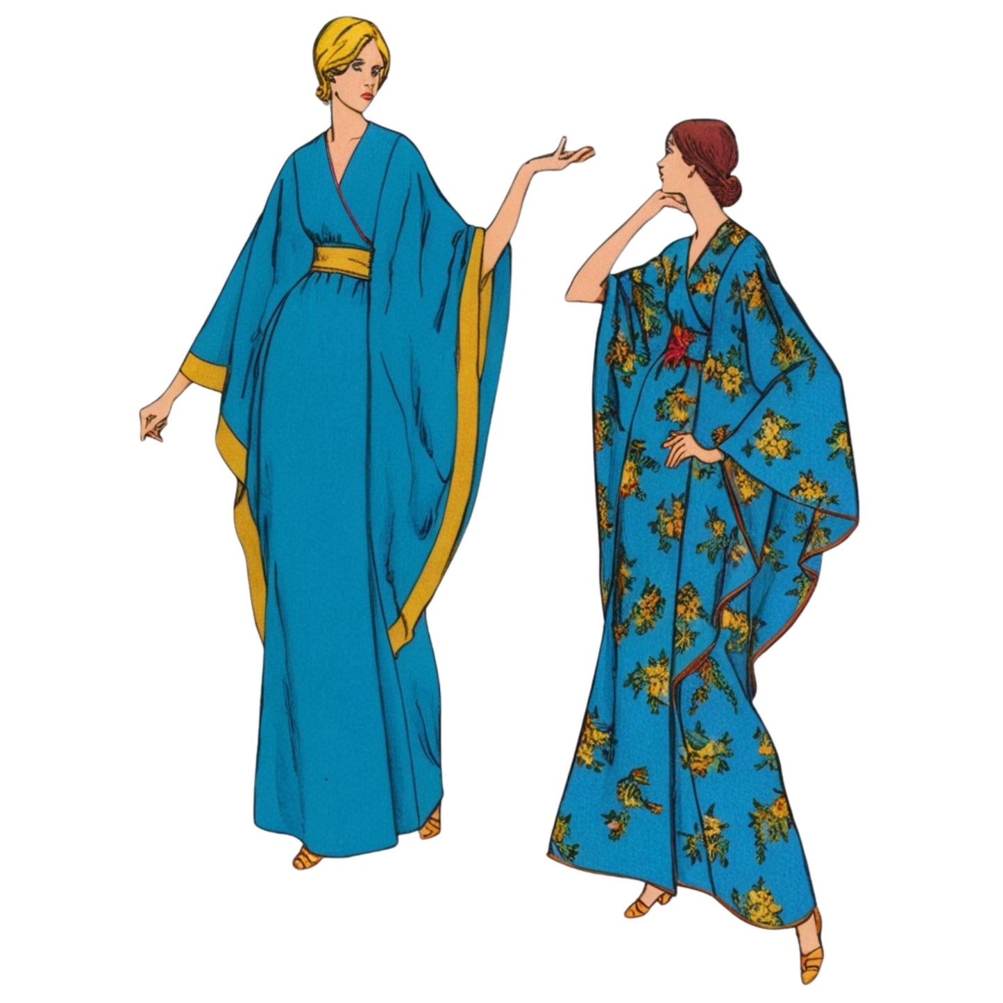 Two women wearing blue dresses with different patterns on a white background