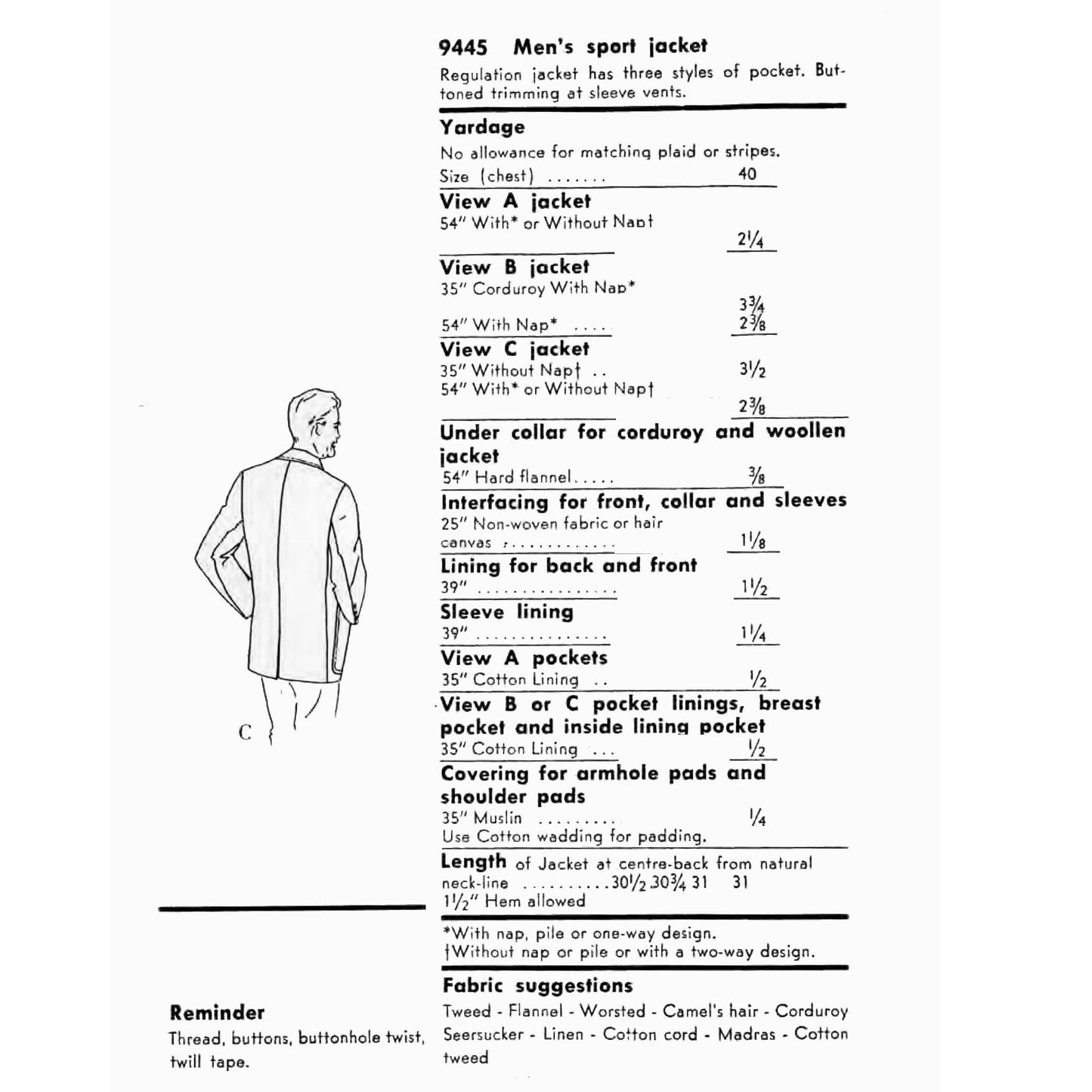 Vintage fashion diagram for men's sport jacket with measurements and fabric suggestions.