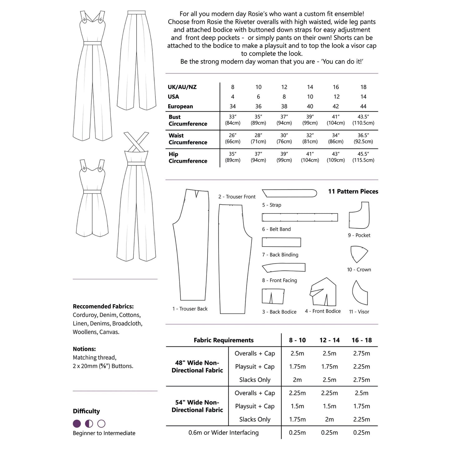 A technical fit chart for a women's trouser ensemble, showing line drawings of the garment pieces, sizing tables for UK/US/European measurements, fabric recommendations, and a difficulty level indicator.