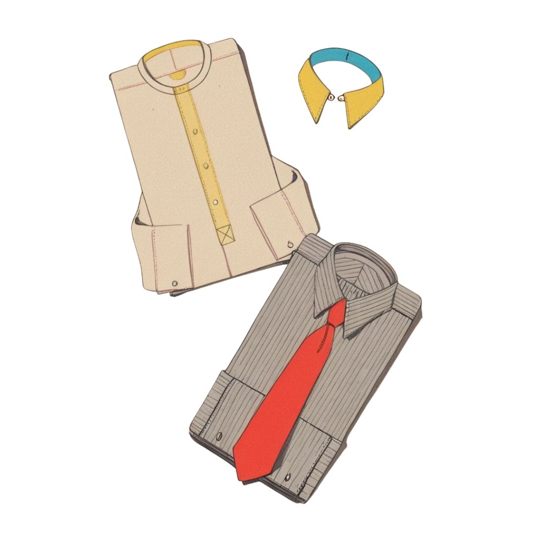 Folded beige shirt with yellow collar, striped shirt with red tie, and separate yellow collar on a white background