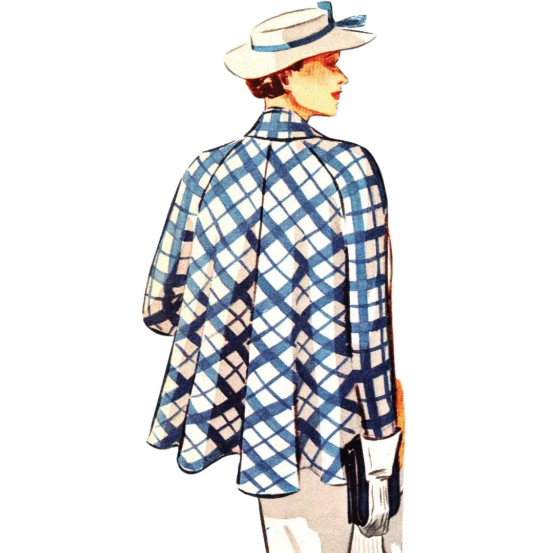Vintage-style illustration of a woman weraing a swing coat - back view.