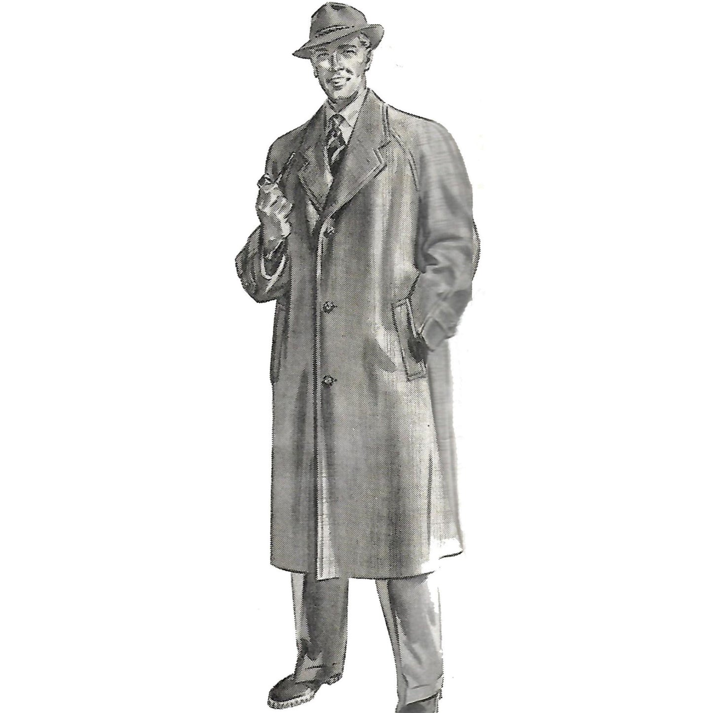Vintage illustration of a man wearing a long coat and hat on a white background
