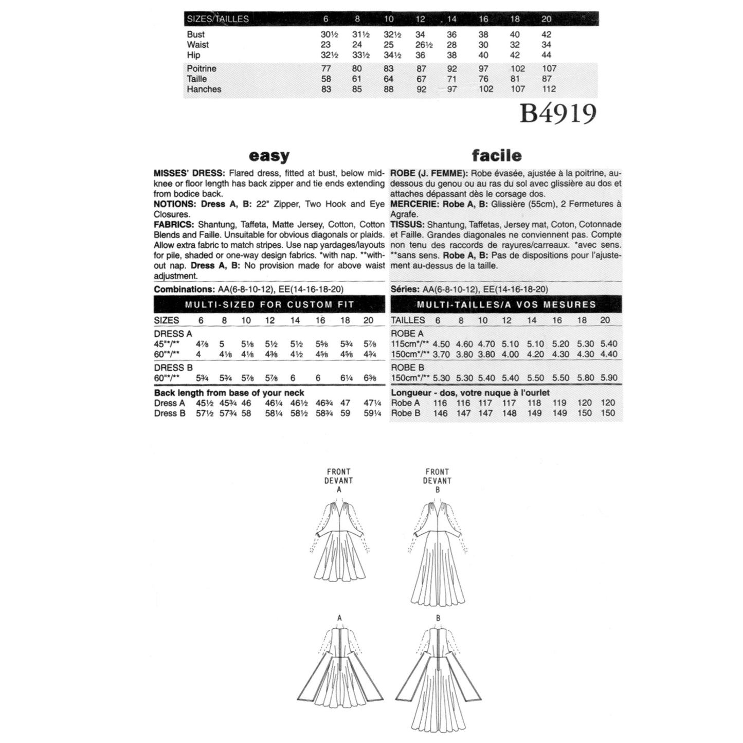Pattern grading chart for a dress with measurements and grading information.