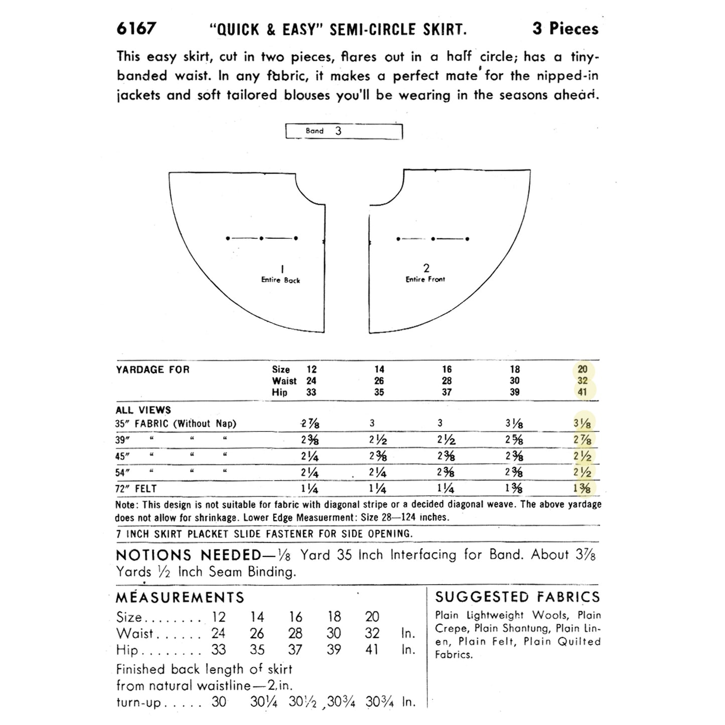 Patrón de costura de los años 50, falda semicircular - Cintura: 32" (81cm)