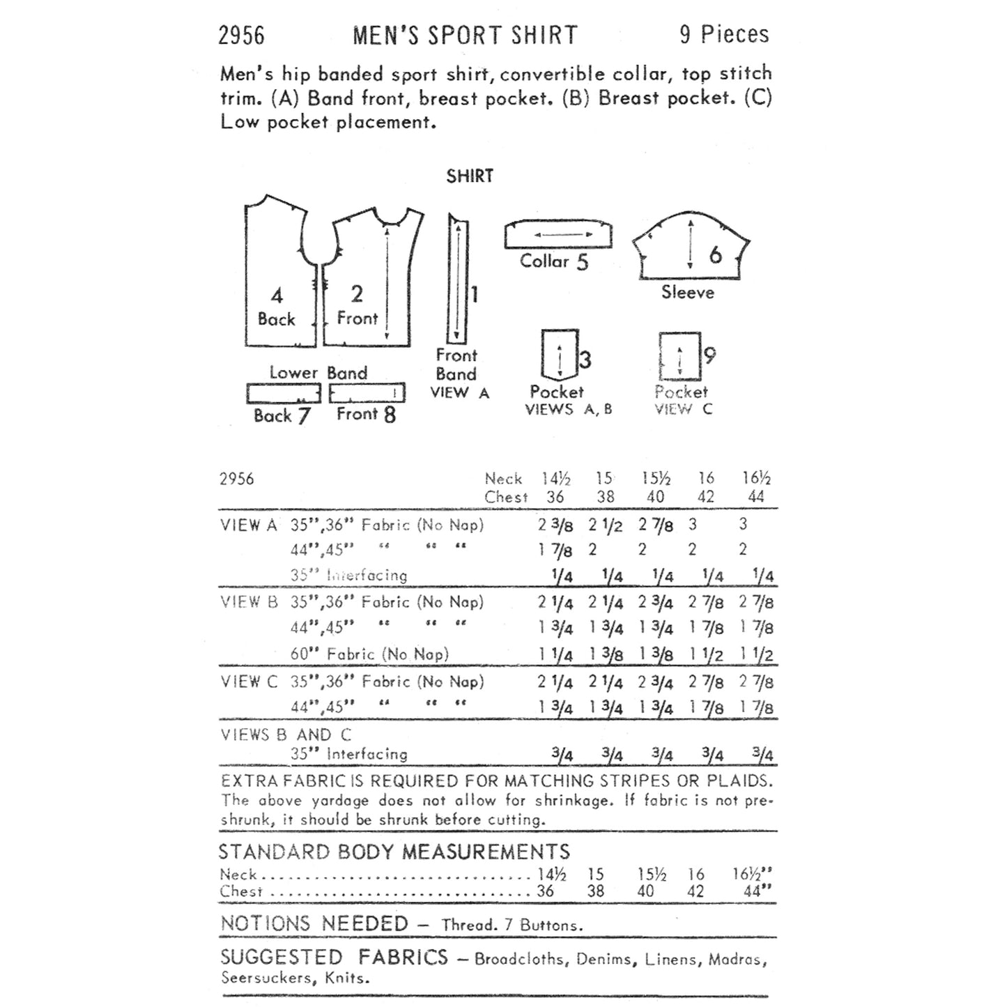 Vintage sewing pattern diagram for men's sport shirt with labeled parts and measurements.