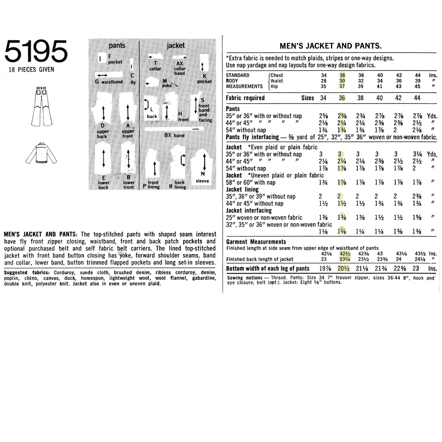 Technical drawing and measurement chart for men's jacket and pants design on a white background