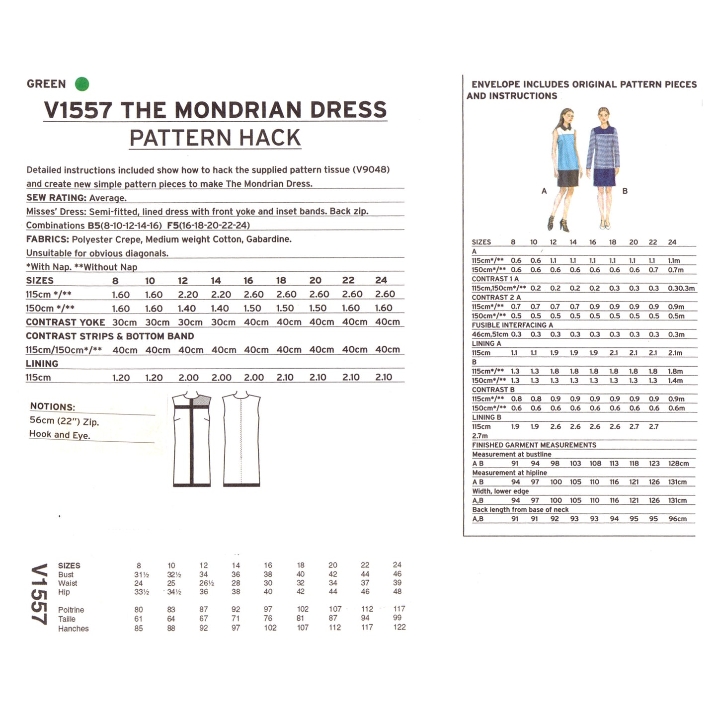 Pattern hacking guide for 'The Mondrian Dress' with measurements and instructions.