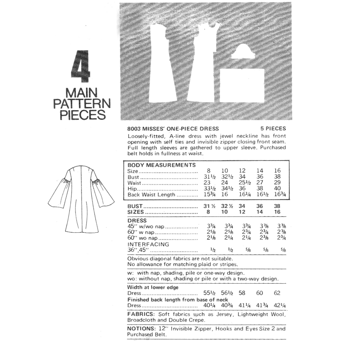 Vintage sewing pattern for a one-piece dress with measurements and fabric information.
