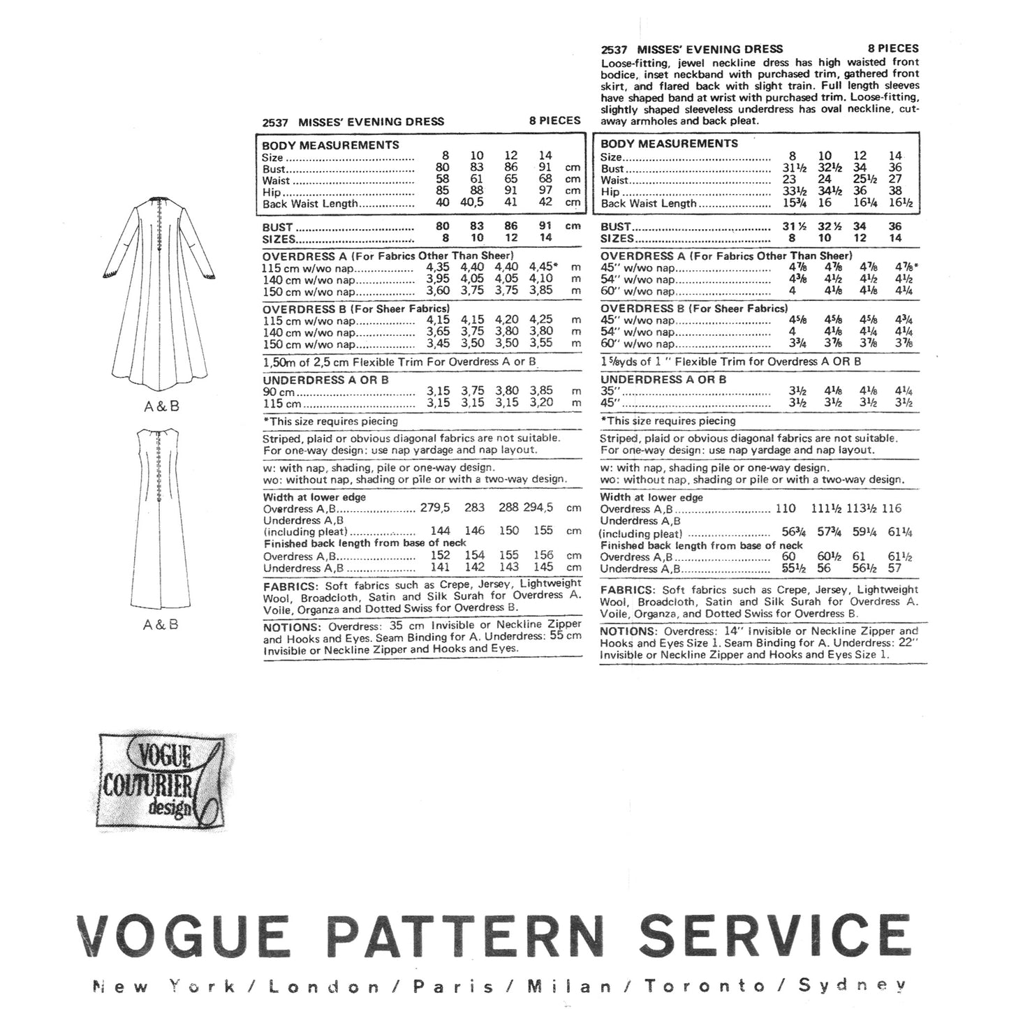 Vogue pattern service catalog page with dress design and measurements.