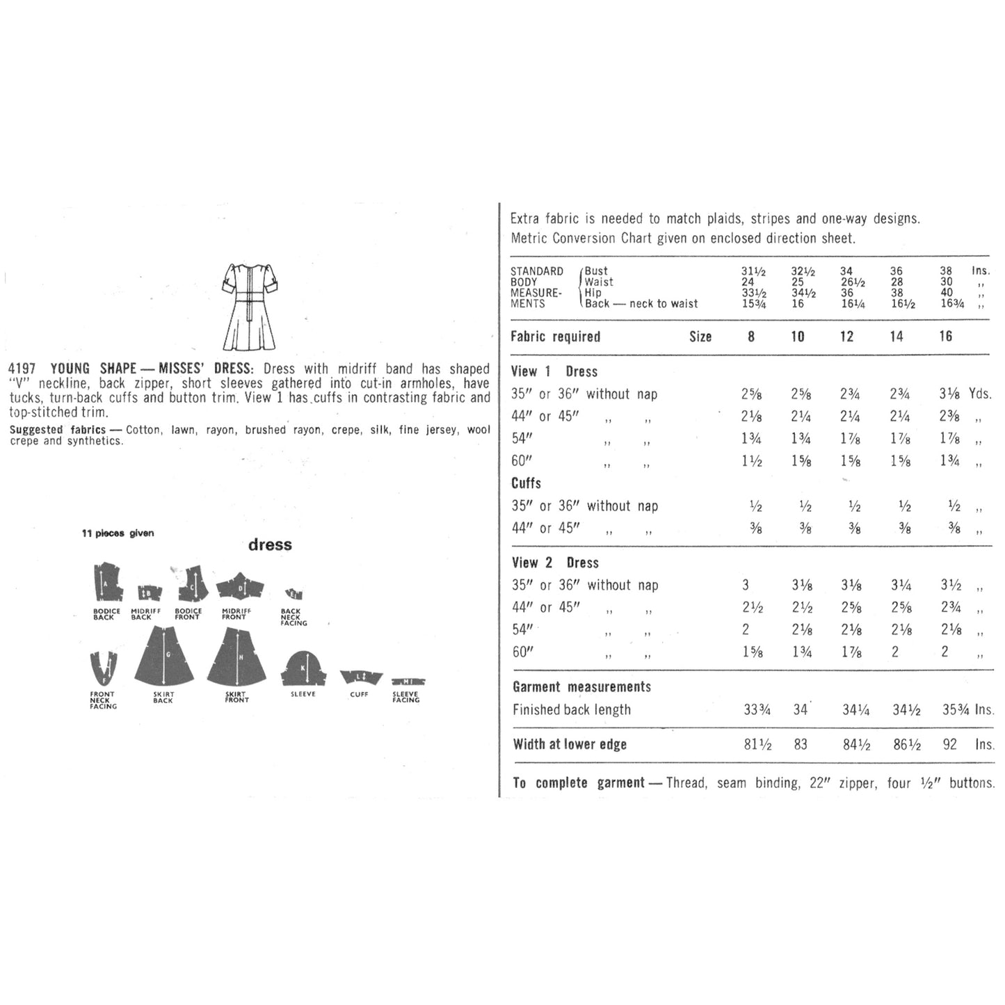 Technical drawing and chart for a dress pattern with fabric requirements and measurements.