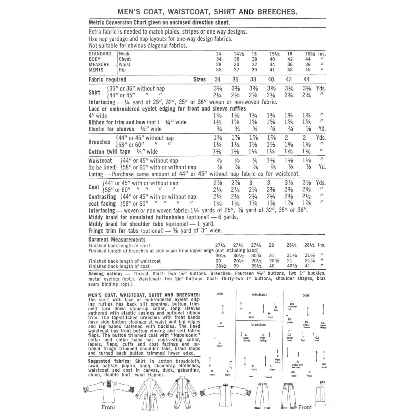 Vintage sewing pattern with metric conversion chart and fabric requirements for men's clothing.