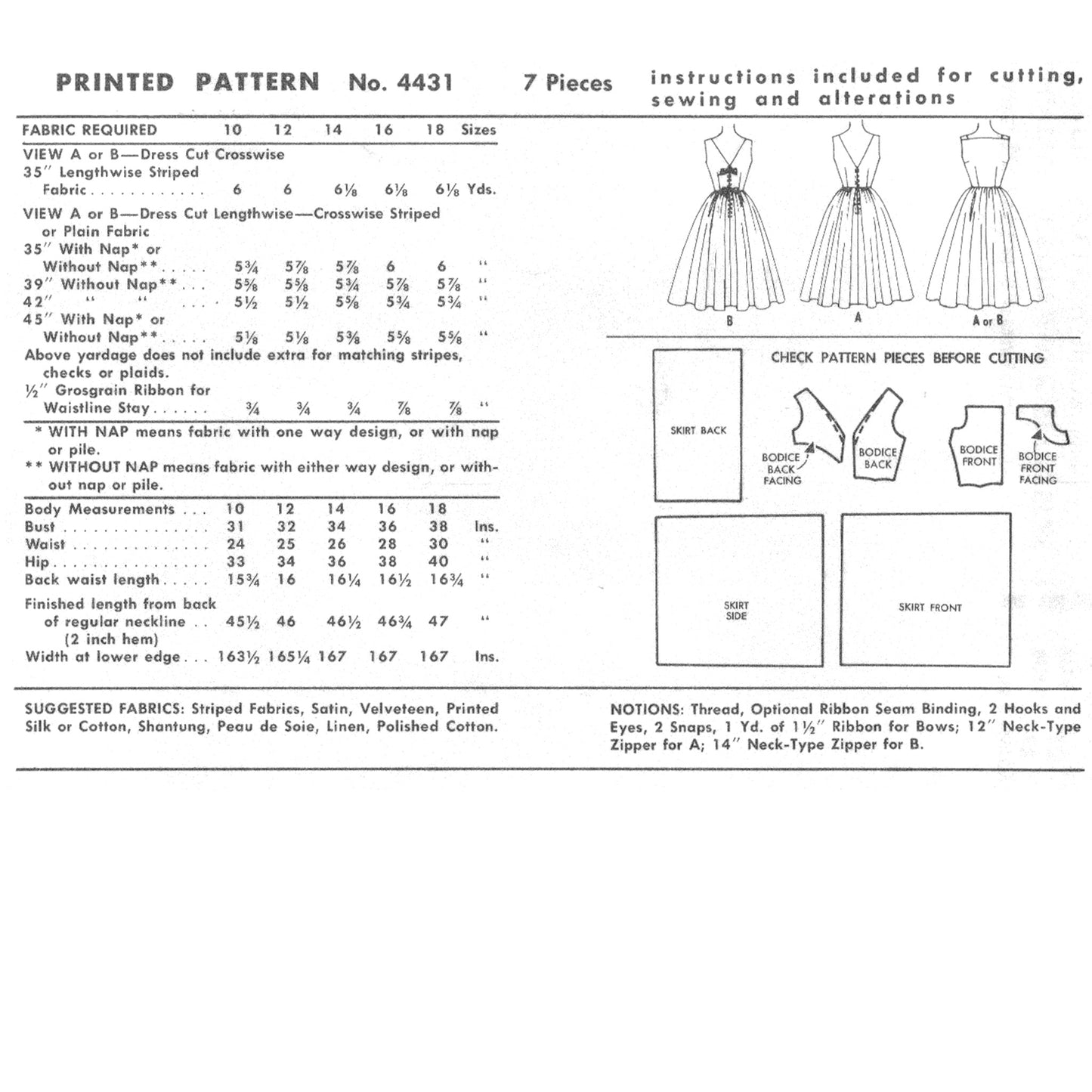 Vintage dress pattern with measurements and fabric requirements on a white background